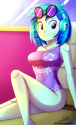 Size: 820x1360 | Tagged: safe, artist:the-butch-x, dj pon-3, vinyl scratch, series:butch's paradiso, equestria girls, g4, adorasexy, big breasts, breasts, busty vinyl scratch, butch's paradiso, clothes, cute, female, happy, headphones, legs, one-piece swimsuit, paradiso x, sexy, signature, smiling, solo, sunglasses, swimsuit, thighs, vinylbetes