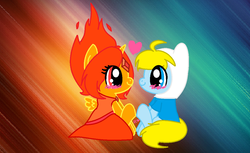 Size: 1150x702 | Tagged: safe, artist:fionnadash501, alicorn, earth pony, pony, adventure time, alicornified, finn the human, fire princess, male, ponified, race swap