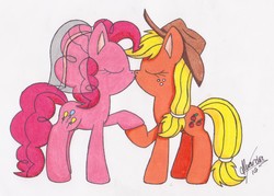 Size: 2607x1871 | Tagged: safe, artist:rhythm-is-best-pony, applejack, pinkie pie, earth pony, pony, g4, applejack's hat, commission, cowboy hat, duo, female, hat, holding hooves, kiss on the lips, kissing, lesbian, mare, ship:applepie, shipping, simple background, traditional art, wedding veil, white background