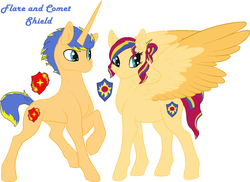 Size: 1213x885 | Tagged: safe, artist:maria65, oc, oc only, oc:comet shield, oc:flare shield, pegasus, pony, unicorn, cutie mark, female, male, mare, offspring, parent:flash sentry, parent:sunset shimmer, parents:flashimmer, simple background, spread wings, stallion, two toned wings, white background, wings