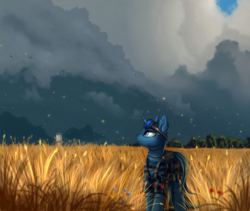 Size: 1900x1604 | Tagged: safe, artist:lightly-san, oc, oc only, oc:flint, pony, unicorn, clothes, cloud, commission, dark clouds, field, goggles, scenery, sky
