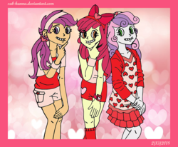 Size: 1136x936 | Tagged: safe, artist:sab-hanna, apple bloom, scootaloo, sweetie belle, equestria girls, g4, cutie mark crusaders, heart