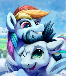 Size: 2000x2317 | Tagged: safe, artist:tsitra360, rainbow dash, soarin', pegasus, pony, g4, cloud, cute, female, floppy ears, grin, happy, high res, hug, male, mare, one eye closed, open mouth, ship:soarindash, shipping, sky, smiling, stallion, straight, winghug, wings