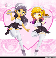 Size: 1052x1100 | Tagged: safe, artist:clouddg, oc, oc only, oc:citrine, oc:dany melody, equestria girls, g4, anime, cake, cherry, chibi, clothes, duo, duo female, female, food, looking at you, maid, plate, raised leg