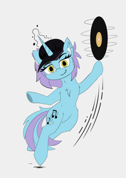 Size: 614x868 | Tagged: safe, artist:calena, artist:xgalacticxstudios18x, derpibooru exclusive, oc, oc only, oc:jazzy notes, pony, unicorn, cap, collaboration, colored, dancing, disc jockey, flat colors, happy, hat, looking at you, magic, simple background, solo, underhoof