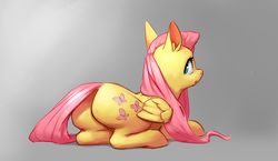 Size: 2297x1333 | Tagged: safe, artist:sternnightguard, fluttershy, pegasus, pony, g4, butt, cute, ear fluff, female, flutterbutt, gray background, looking at you, looking back, looking back at you, mare, plot, rear view, shyabetes, simple background, solo, wings
