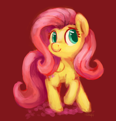 Size: 2253x2353 | Tagged: safe, artist:aemuhn, fluttershy, pegasus, pony, g4, female, folded wings, high res, looking sideways, mare, raised hoof, red background, simple background, smiling, solo, standing, three quarter view, turned head, wings