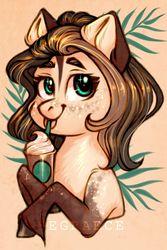 Size: 1280x1912 | Tagged: safe, artist:segraece, oc, oc only, oc:coffin tree, pony, abstract background, coffee, commission, cute, drink, female, frappuccino, looking at you, mare, ocbetes, solo, starbucks, tongue out
