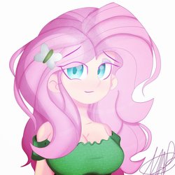 Size: 1700x1700 | Tagged: safe, artist:myaplushqueen, fluttershy, human, g4, breasts, bust, busty fluttershy, cleavage, clothes, colored pupils, cute, explicit source, eye clipping through hair, female, humanized, lidded eyes, looking at you, off shoulder, portrait, shyabetes, signature, simple background, solo, white background