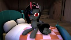 Size: 1280x720 | Tagged: safe, artist:ev3lyn, king sombra, pony, unicorn, g4, 3d, bed, female, licking, licking lips, lying on bed, mare, mlem, on bed, on side, queen umbra, rule 63, signature, silly, slit pupils, solo, source filmmaker, tongue out