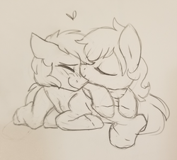 Size: 1500x1354 | Tagged: safe, artist:kellythedrawinguni, oc, oc only, oc:atom, oc:lemming, pegasus, pony, black and white, couple, cute, gay, grayscale, male, monochrome