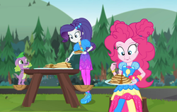 Size: 1704x1080 | Tagged: safe, screencap, pinkie pie, rarity, spike, spike the regular dog, dog, equestria girls, g4, my little pony equestria girls: choose your own ending, wake up!, wake up!: applejack, bolero jacket, breakfast, butter, clothes, cropped, cute, diapinkes, female, food, geode of shielding, geode of sugar bombs, high heels, jacket, magical geodes, male, mountain, mountain range, outdoors, pancakes, pantyhose, picnic table, shoes, syrup, table