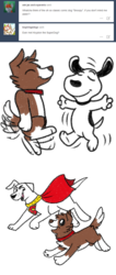 Size: 600x1417 | Tagged: safe, artist:askwinonadog, winona, dog, ask winona, g4, ask, bipedal, cape, clothes, crossover, dancing, krypto the superdog, misspelling, simple background, snoopy, tumblr, white background