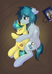 Size: 2893x4092 | Tagged: safe, artist:mirapony, oc, oc only, oc:apogee, oc:delta vee, pegasus, pony, bed, body freckles, book, chest fluff, crying, cuddling, cute, diageetes, diaveetes, eye clipping through hair, female, filly, floppy ears, freckles, glasses, happy, mare, mother and daughter, on bed, smiling, spooning, tears of joy, wholesome