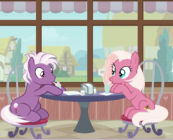 Size: 1228x990 | Tagged: safe, composite screencap, edit, edited screencap, screencap, fuchsia frost, loganberry, earth pony, pony, g4, the last crusade, animation error, drinking, eye contact, female, friendship student, looking at each other, male, mare, milkshake, ponies sitting next to each other, restaurant, sitting, stallion, stool, table, this will end in brain freeze, you can't unsee