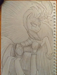 Size: 3099x4132 | Tagged: safe, artist:mmeloman, tempest shadow, pony, g4, armor, female, glowing horn, horn, monochrome, pencil drawing, raised hoof, sketch, sketchbook, solo, traditional art