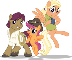 Size: 5501x4541 | Tagged: safe, artist:jhayarr23, mane allgood, scootaloo, snap shutter, pegasus, pony, g4, the last crusade, cute, cutealoo, family, female, filly, hat, looking at you, male, mare, scootaloo's parents, simple background, smiling, spread wings, stallion, transparent background, vector, wings