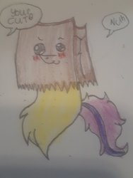 Size: 1536x2048 | Tagged: safe, artist:larry65141894, oc, oc:paper bag, pony, bust, denial, dialogue, paper bag, traditional art