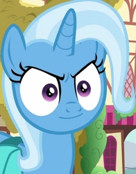 Size: 565x722 | Tagged: source needed, useless source url, safe, edit, edited screencap, screencap, trixie, pony, g4, student counsel, >:), cropped, evil grin, grin, inverted mouth, meme, smiling, smirk, special eyes, stare, trixie is amused