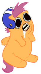 Size: 336x610 | Tagged: safe, artist:curtsibling, scootaloo, pegasus, pony, g4, abomination, cropped, drool, female, filly, helmet, open mouth, simple background, solo, style emulation, transparent background, wat, what has science done