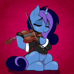Size: 5080x5080 | Tagged: safe, artist:niggerdrawfag, oc, oc only, oc:aurora shine (loe), pony, unicorn, abstract background, clothes, commission, dexterous hooves, eyes closed, jacket, musical instrument, sitting, solo, violin