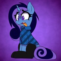Size: 5080x5080 | Tagged: safe, artist:niggerdrawfag, oc, oc only, oc:aurora shine (loe), pony, unicorn, abstract background, clothes, commission, disgusted, no pupils, shirt, sitting, socks, solo, tongue out