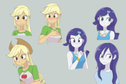Size: 3264x2176 | Tagged: safe, artist:haibaratomoe, applejack, rarity, equestria girls, equestria girls series, g4, blushing, clothes, duo, female, high res, rarity peplum dress, simple background, smiling