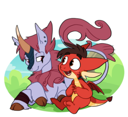 Size: 650x592 | Tagged: safe, artist:sburbox, dragon, kirin, crossover, cute, dragonified, duo, ear piercing, gay, happy, kirin-ified, looking at each other, male, marco diaz, piercing, shipping, simple background, sitting, species swap, star vs the forces of evil, tom lucitor, transparent background