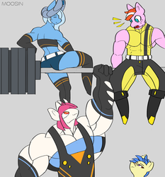 Size: 2800x3000 | Tagged: safe, artist:mopyr, oc, oc only, oc:camilia, oc:fort, oc:moosin, oc:oree, hybrid, original species, anthro, anthro oc, armpits, bandeau, barbell, clothes, femboy, gloves, group, group shot, high res, jeans, lifted up, lifting, male, muscles, outfit, pants, short jeans, skintight clothes, socks, stockings, strong, thigh highs, weights