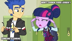 Size: 800x450 | Tagged: safe, edit, edited screencap, screencap, flash sentry, sci-twi, twilight sparkle, equestria girls, g4, my little pony equestria girls: friendship games, caption, china, chinese, chinese food, clothes, cooking, female, glasses, hank williams, image macro, jacket, male, narrowed eyes, not racist, shirt, stephen yan, t-shirt, teenager, text, wok, wok with yan