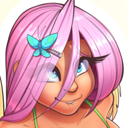 Size: 512x512 | Tagged: source needed, safe, artist:sugarlesspaints, fluttershy, butterfly, human, g4, bust, cropped, cutie mark hair accessory, eye clipping through hair, eyebrows, eyebrows visible through hair, eyelashes, female, hair over one eye, hairpin, humanized, lip bite, portrait, smiling, solo, winged humanization, wings