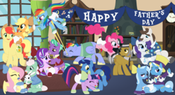 Size: 11000x6000 | Tagged: safe, artist:evilfrenzy, applejack, bow hothoof, bright mac, firelight, fluttershy, gentle breeze, hondo flanks, igneous rock pie, jack pot, night light, pinkie pie, rainbow dash, rarity, starlight glimmer, trixie, twilight sparkle, alicorn, pony, g4, adult foal, booties, bow, butt touch, dad six, diaper, diaper fetish, father and child, father and daughter, father's day, female, fetish, hair bow, hoof on butt, male, mane six, non-baby in diaper, pacifier, riding a pony, show accurate, stallion, twilight sparkle (alicorn)