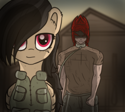 Size: 5600x5000 | Tagged: safe, artist:undisputed, oc, oc only, oc:crimson sky, oc:dahlia do, human, pony, angry, collar, female, human male, male, mare, morning, smiling, smirk