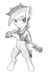 Size: 1046x1414 | Tagged: safe, artist:spackle, oc, oc only, oc:buck evergreen, earth pony, pony, 12 gauge, bandana, bipedal, grayscale, gun, hoof hold, male, monochrome, mossberg 590a1, pencil drawing, shotgun, simple background, solo, stallion, traditional art, weapon, white background, who needs trigger fingers