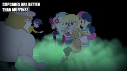 Size: 800x446 | Tagged: safe, edit, edited screencap, screencap, bon bon, bulk biceps, derpy hooves, flash sentry, lyra heartstrings, micro chips, scootaloo, sweetie drops, equestria girls, g4, my little pony equestria girls: rainbow rocks, caption, cupcake, cupcakes vs muffins, food, image macro, muffin, offscreen character, text