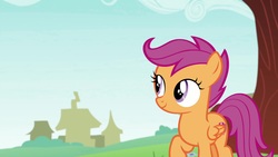 Size: 1920x1080 | Tagged: safe, screencap, scootaloo, pegasus, pony, g4, the last crusade, cutie mark, female, filly, folded wings, raised hoof, solo, the cmc's cutie marks, wings