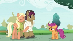 Size: 1920x1080 | Tagged: safe, screencap, mane allgood, scootaloo, snap shutter, earth pony, pegasus, pony, g4, the last crusade, clothes, cutie mark, family reunion, female, filly, male, mare, outdoors, raised hoof, stallion, the cmc's cutie marks, trio, unshorn fetlocks