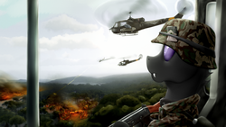 Size: 1920x1080 | Tagged: safe, artist:richmay, changeling, equestria at war mod, alternate universe, army, clothes, helicopter, helmet, jungle, military, military uniform, purple changeling, uniform, vietnam war, war, wehrmacht