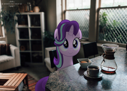 Size: 1192x853 | Tagged: safe, artist:mrlolcats17, starlight glimmer, pony, unicorn, g4, breakfast, chair, coffee, cute, drink, female, food, glimmerbetes, indoors, irl, mare, morning, photo, ponies in real life, room, sitting, smiling, solo, table