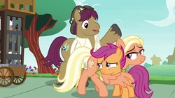 Size: 1920x1080 | Tagged: safe, screencap, mane allgood, scootaloo, snap shutter, bugbear, earth pony, pegasus, pony, g4, the last crusade, family, female, filly, foal, hug, it happened, male, mare, scootaloo's parents, stallion, trio, winghug