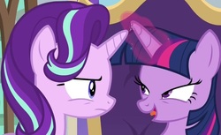 Size: 1027x630 | Tagged: safe, screencap, starlight glimmer, twilight sparkle, alicorn, pony, unicorn, g4, season 9, the beginning of the end, cropped, duo, female, frown, lidded eyes, looking at each other, magic, mare, open mouth, out of context, smiling, twilight sparkle (alicorn)