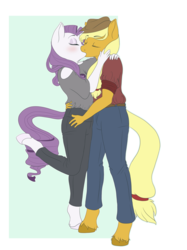 Size: 1280x1707 | Tagged: safe, artist:crashcoursemaster, applejack, rarity, earth pony, unicorn, anthro, unguligrade anthro, g4, blushing, clothes, cute, eyes closed, female, jackabetes, jeans, kissing, lesbian, mare, pants, passionate, raribetes, ship:rarijack, shipping, simple background, unshorn fetlocks