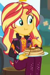 Size: 625x932 | Tagged: safe, screencap, sunset shimmer, equestria girls, equestria girls series, g4, wake up!, spoiler:choose your own ending (season 2), spoiler:eqg series (season 2), breakfast, butter, cropped, cute, eating, female, food, fork, pancakes, plate, shimmerbetes, sitting, solo, syrup, tree stump, wake up!: applejack