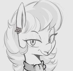 Size: 969x940 | Tagged: safe, artist:tre, aunt holiday, earth pony, pony, g4, clothes, cute, female, gray background, grayscale, mare, monochrome, scarf, simple background, solo