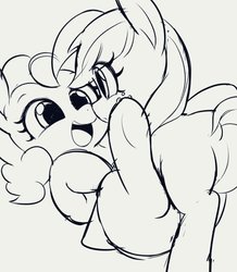 Size: 849x974 | Tagged: safe, artist:manachaaaaaaaa, applejack, pinkie pie, earth pony, pony, g4, dock, eye contact, female, lesbian, looking at each other, mare, monochrome, on back, open mouth, ship:applepie, shipping, smiling