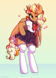 Size: 1564x2160 | Tagged: safe, artist:yukomaussi, oc, oc only, oc:cheese breeze, pegasus, semi-anthro, arm hooves, bipedal, clothes, cute, female, heart, hoof on hip, looking at you, mare, miniskirt, moe, one eye closed, school uniform, simple background, skirt, socks, solo, thigh highs, wink, zettai ryouiki