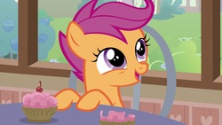 Size: 1920x1080 | Tagged: safe, screencap, scootaloo, pony, g4, the last crusade, cupcake, female, food, happy, solo