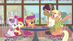 Size: 1920x1080 | Tagged: safe, screencap, apple bloom, mane allgood, scootaloo, snap shutter, sweetie belle, pony, g4, the last crusade, clothes, cupcake, cutie mark crusaders, female, food, happy, male, shirt, stallion