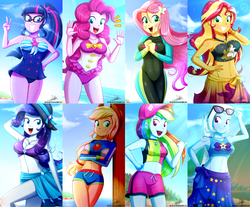 Size: 3280x2720 | Tagged: safe, artist:the-butch-x, edit, part of a set, applejack, fluttershy, pinkie pie, rainbow dash, rarity, sci-twi, sunset shimmer, trixie, twilight sparkle, equestria girls, equestria girls series, forgotten friendship, adorasexy, adorkable, applejack's beach shorts swimsuit, applejack's hat, armpits, attached skirt, bare shoulders, beach, beach babe, beautiful, beautisexy, belly button, big breasts, bikini, bikini babe, blue swimsuit, blushing, bow swimsuit, breasts, busty applejack, busty fluttershy, busty rarity, busty sci-twi, busty sunset shimmer, busty twilight sparkle, cap, cleavage, clothes, cloud, collage, commission, cowboy hat, crepuscular rays, crossed legs, cute, dashabetes, diapinkes, diatrixes, dork, female, freckles, frilled swimsuit, geode of shielding, geode of super speed, geode of super strength, geode of telekinesis, glasses, grin, hand on hip, happy, hat, jewelry, lens flare, looking at you, magical geodes, midriff, necklace, one-piece swimsuit, open mouth, peace sign, pink swimsuit, ponytail, pretty, raribetes, sarong, sexy, shimmerbetes, shorts, shyabetes, signature, skirt, sky, smiling, speedpaint available, stetson, striped swimsuit, stupid sexy fluttershy, stupid sexy rainbow dash, stupid sexy rarity, summer sunset, sun hat, sunglasses, swimsuit, thighs, tricolor swimsuit, twiabetes, underass, wall of tags, wetsuit