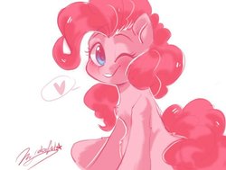 Size: 982x742 | Tagged: safe, artist:oofycolorful, pinkie pie, earth pony, pony, g4, blushing, chest fluff, cute, diapinkes, female, heart, leg fluff, looking at you, mare, one eye closed, pink, simple background, sitting, smiling, solo, white background, wink